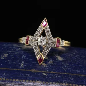 Antique Edwardian 18K Yellow Gold Platinum Old Cut Diamond Ruby Ring