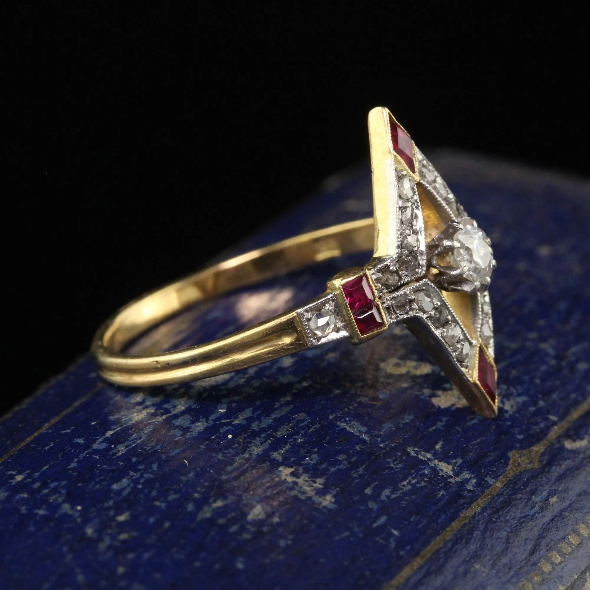 Antique Edwardian 18K Yellow Gold Platinum Old Cut Diamond Ruby Ring