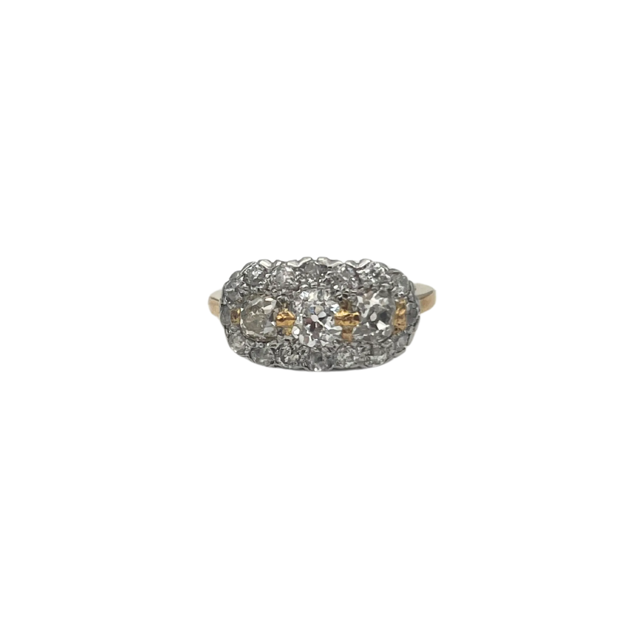 Antique Old Mine Cut Three Diamond with Halo Ring in 18k Gold