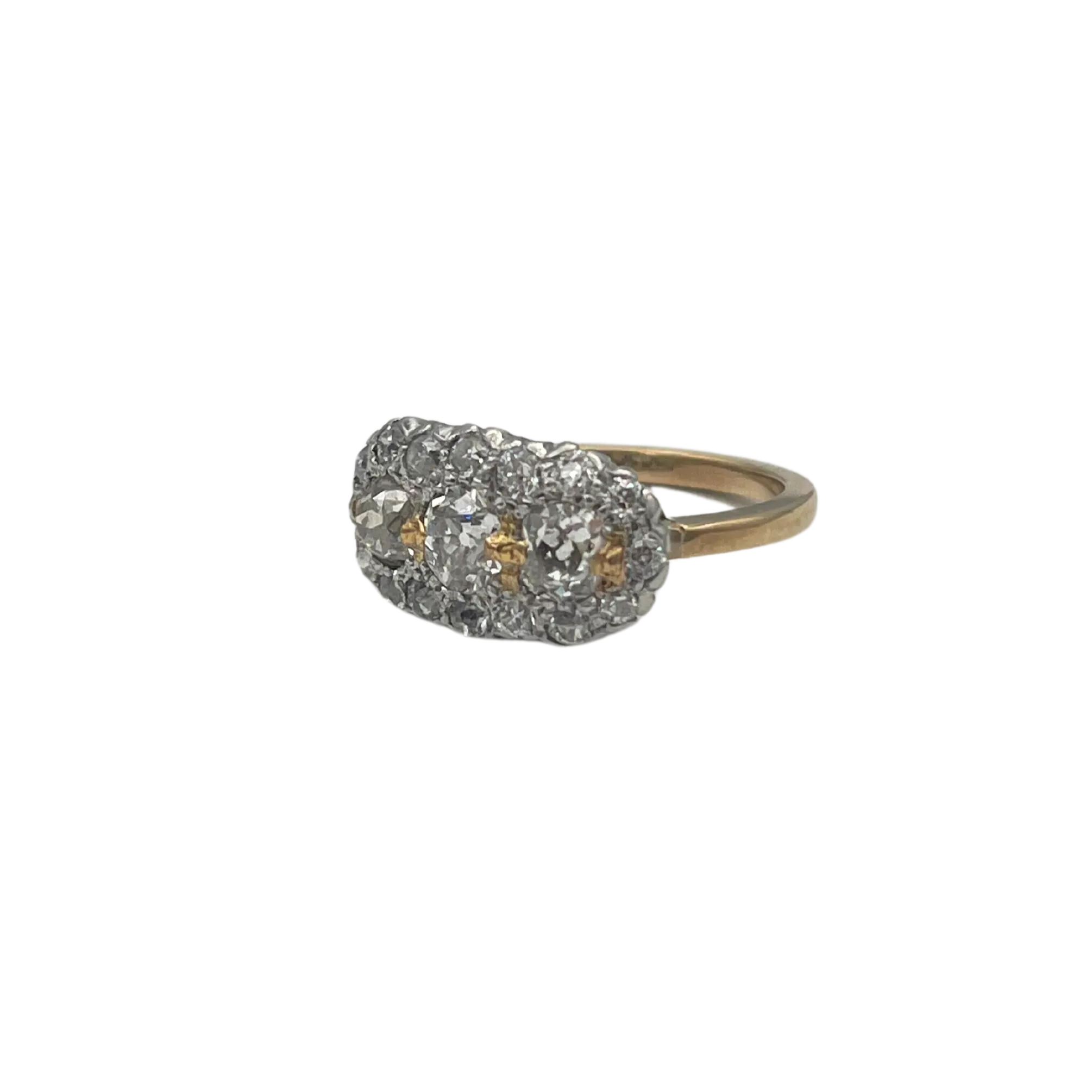 Antique Old Mine Cut Three Diamond with Halo Ring in 18k Gold