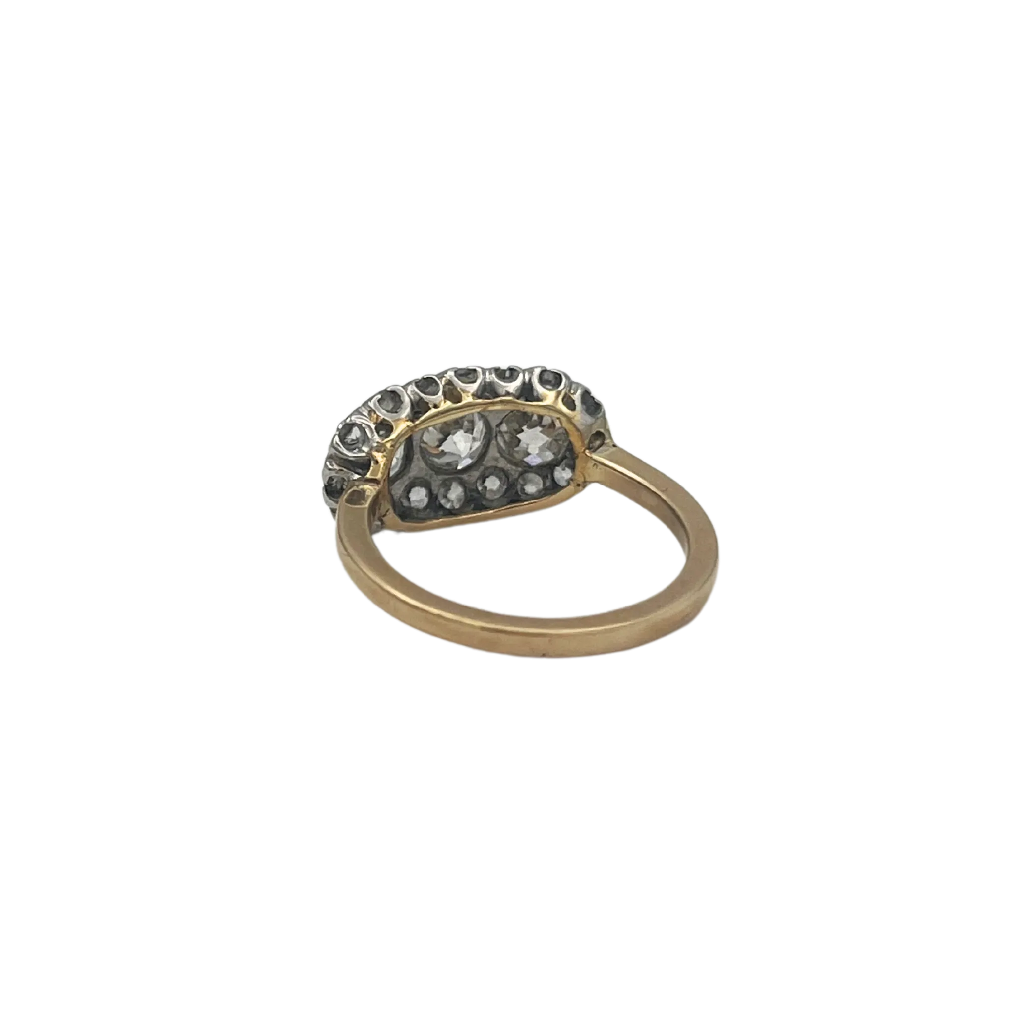 Antique Old Mine Cut Three Diamond with Halo Ring in 18k Gold