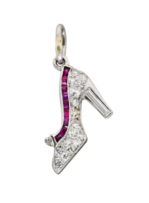 Art Deco 0.55 CTW Diamond Ruby Platinum Heeled Shoe Charm