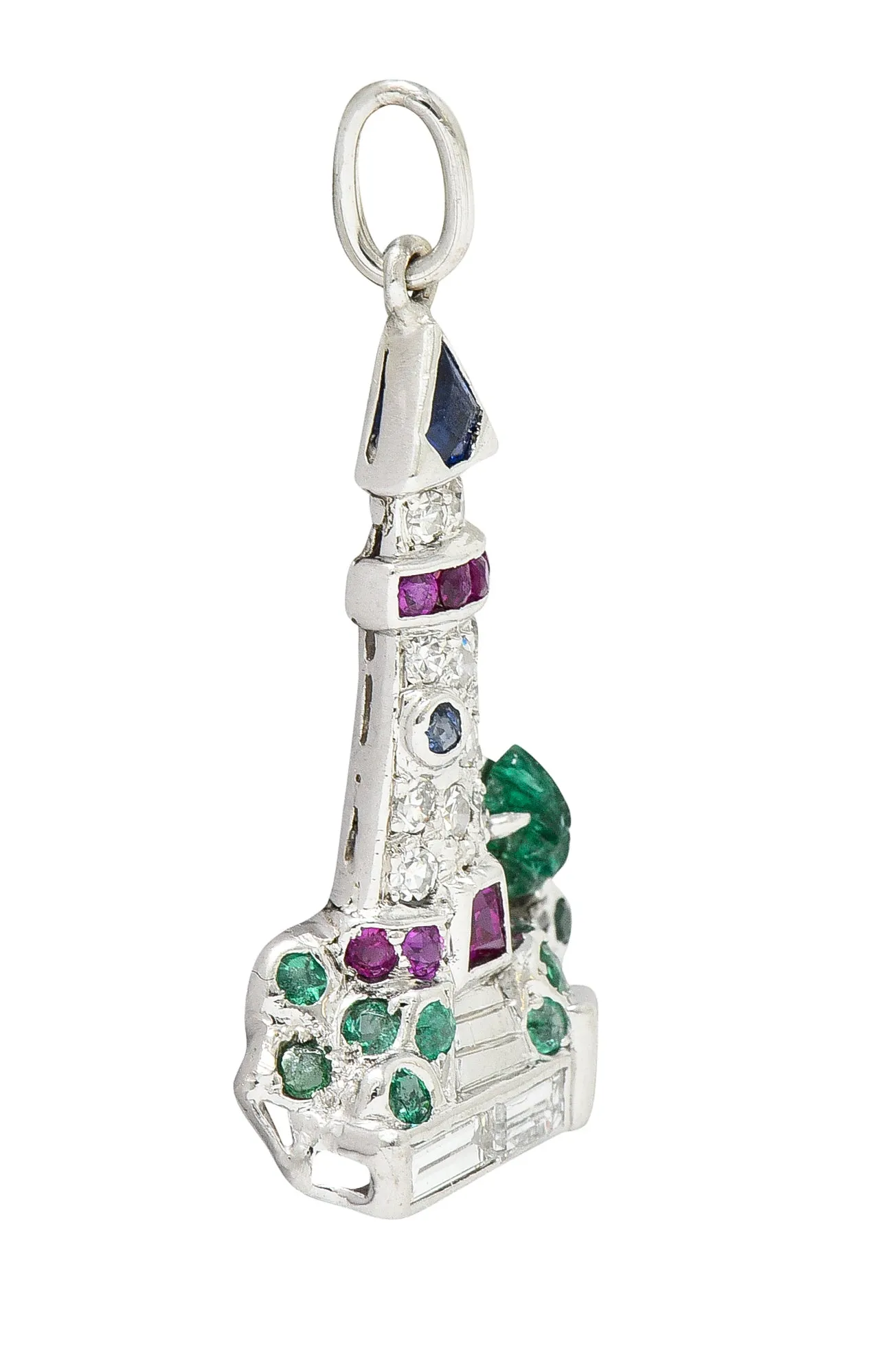 Art Deco 1.07 CTW Diamond Sapphire Emerald Ruby Platinum Lighthouse Charm