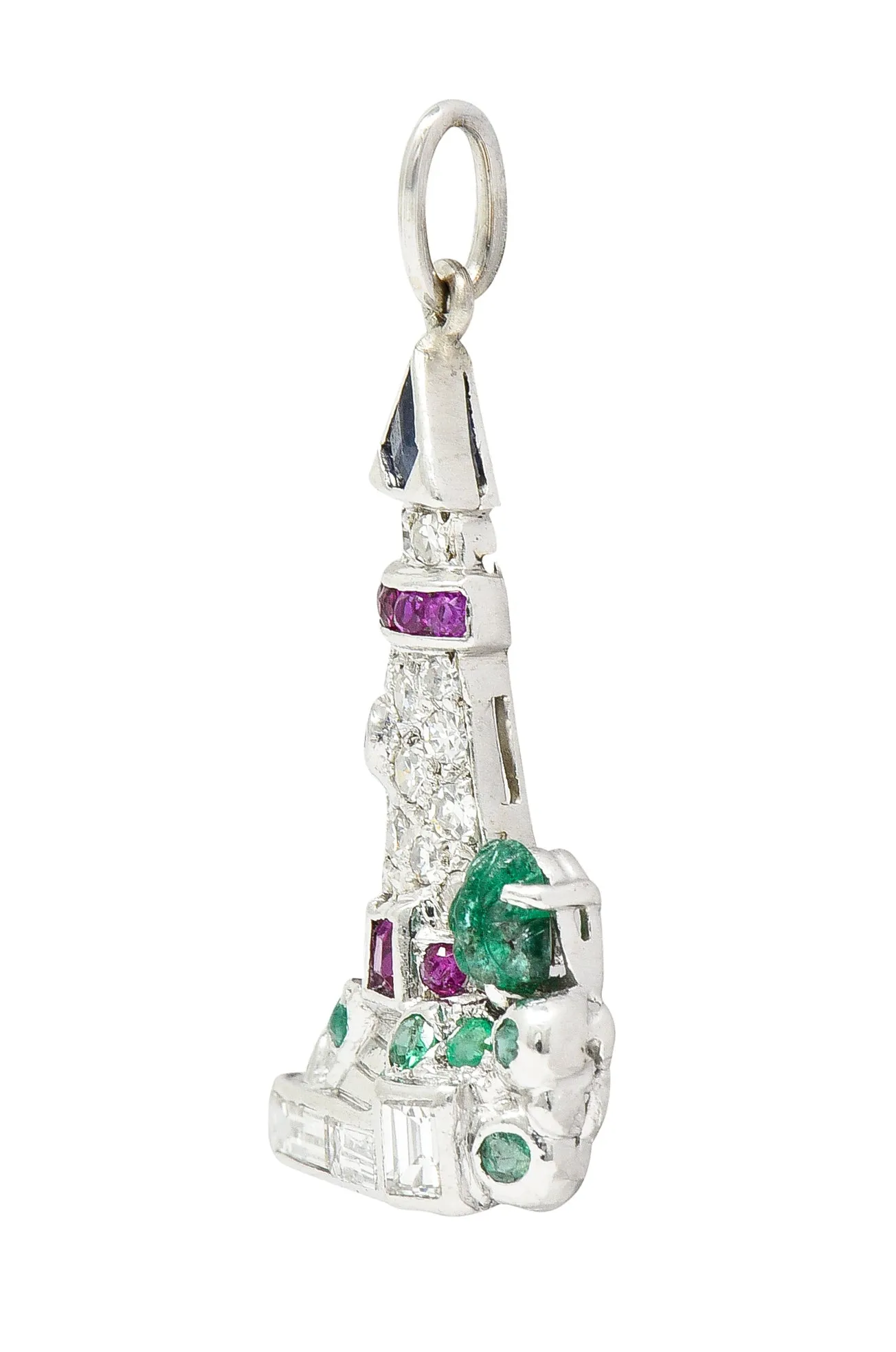 Art Deco 1.07 CTW Diamond Sapphire Emerald Ruby Platinum Lighthouse Charm