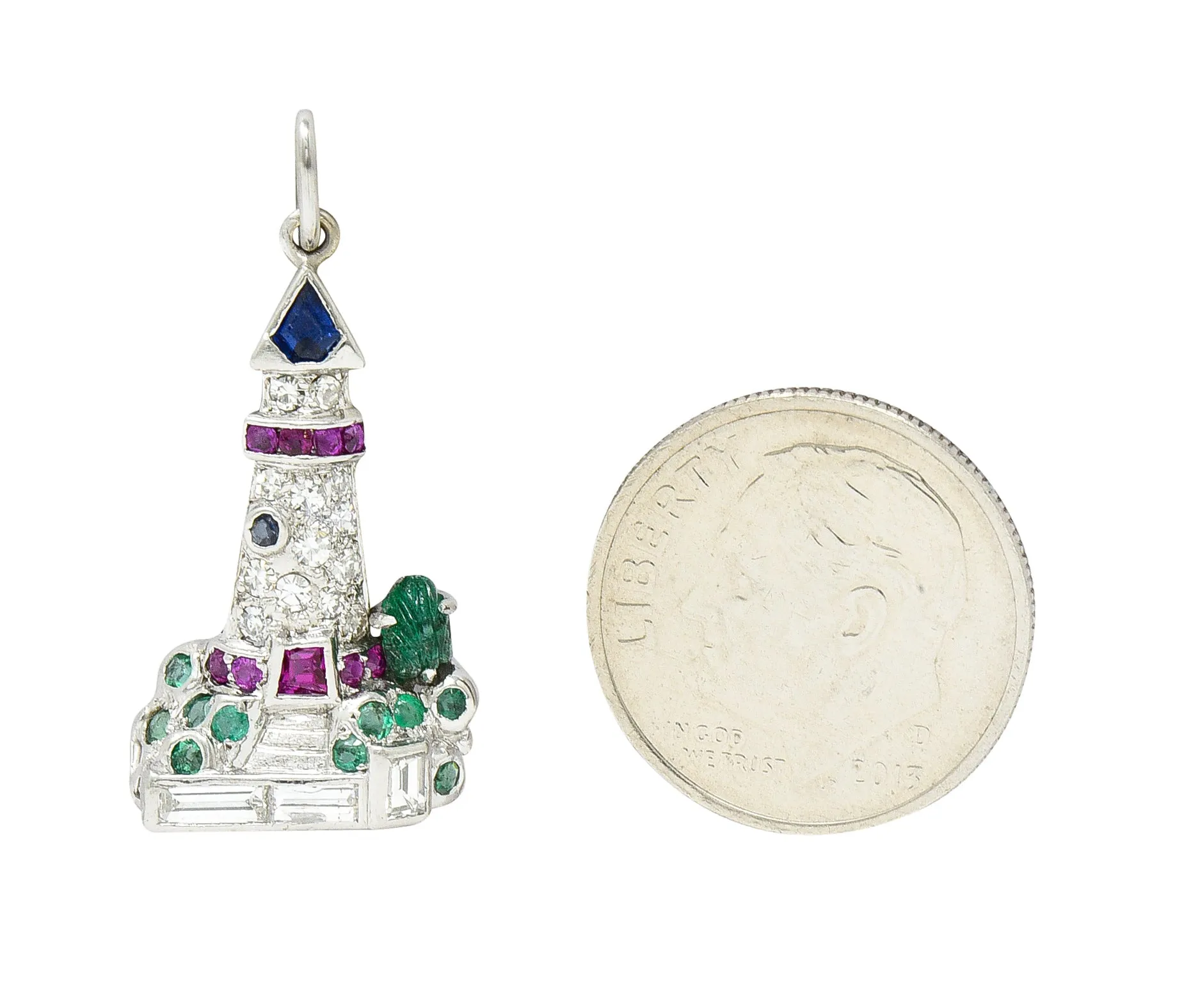 Art Deco 1.07 CTW Diamond Sapphire Emerald Ruby Platinum Lighthouse Charm