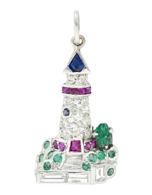 Art Deco 1.07 CTW Diamond Sapphire Emerald Ruby Platinum Lighthouse Charm