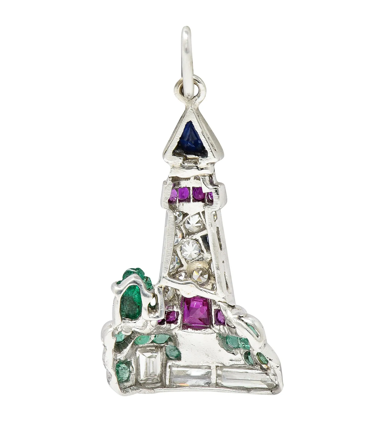 Art Deco 1.07 CTW Diamond Sapphire Emerald Ruby Platinum Lighthouse Charm