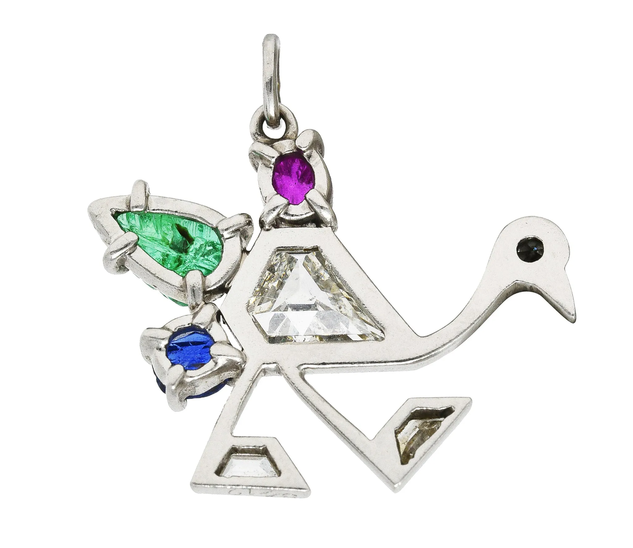 Art Deco 1.22 CTW Diamond Mughal Carved Sapphire Emerald Ruby Platinum Peacock Charm