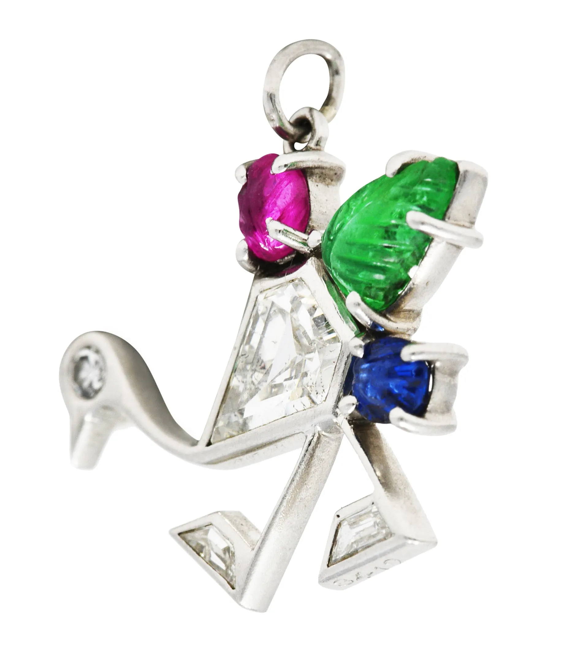 Art Deco 1.22 CTW Diamond Mughal Carved Sapphire Emerald Ruby Platinum Peacock Charm