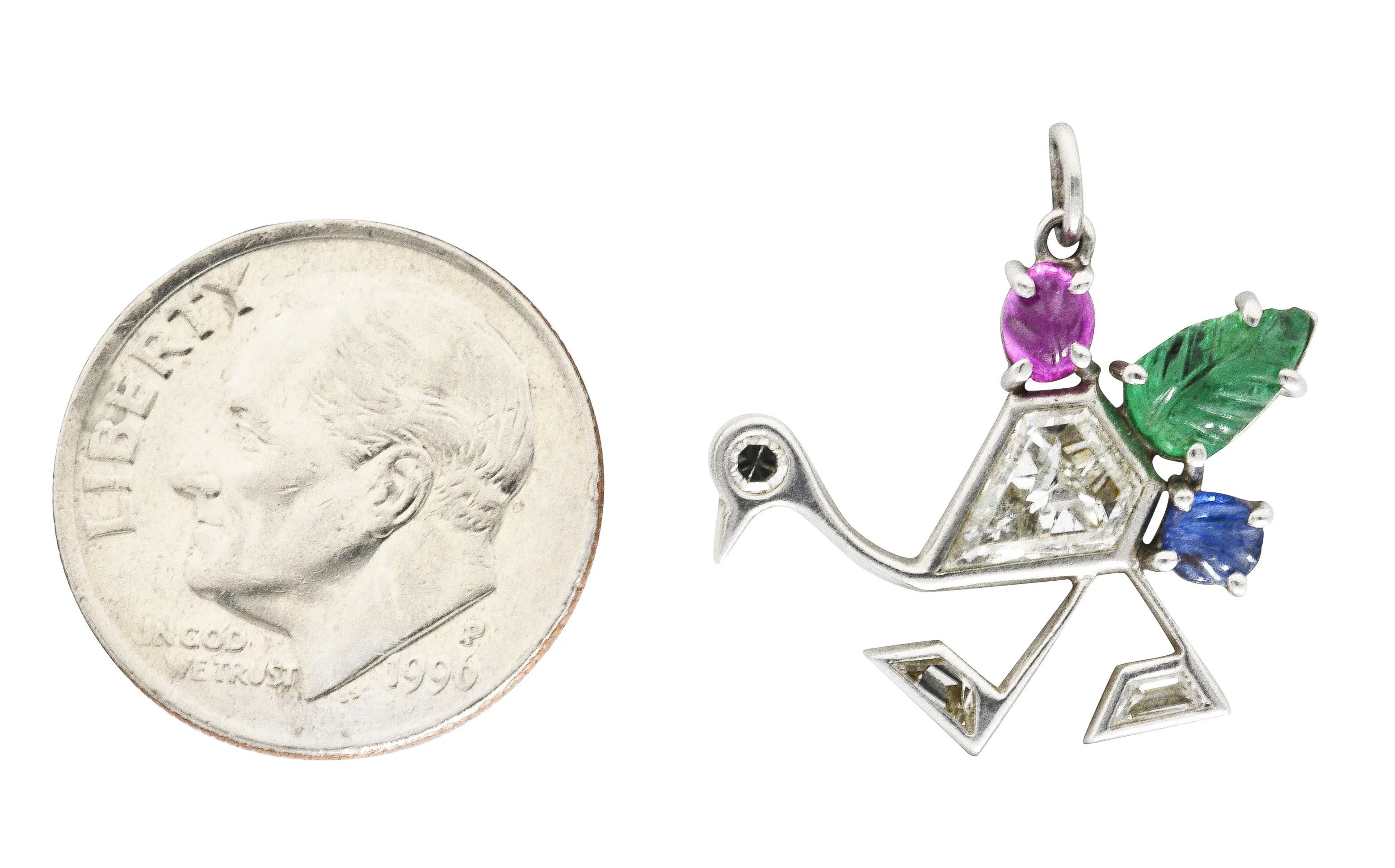 Art Deco 1.22 CTW Diamond Mughal Carved Sapphire Emerald Ruby Platinum Peacock Charm