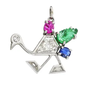 Art Deco 1.22 CTW Diamond Mughal Carved Sapphire Emerald Ruby Platinum Peacock Charm