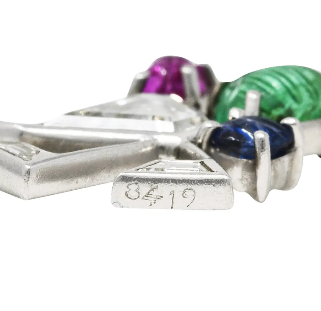 Art Deco 1.22 CTW Diamond Mughal Carved Sapphire Emerald Ruby Platinum Peacock Charm