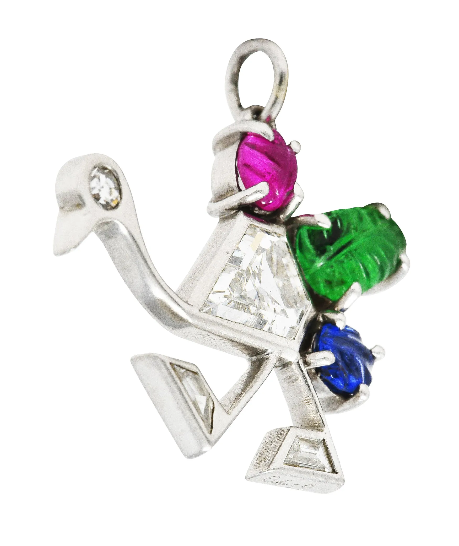 Art Deco 1.22 CTW Diamond Mughal Carved Sapphire Emerald Ruby Platinum Peacock Charm
