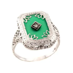 Art Deco 14k Chrysoprase and Diamond Ring