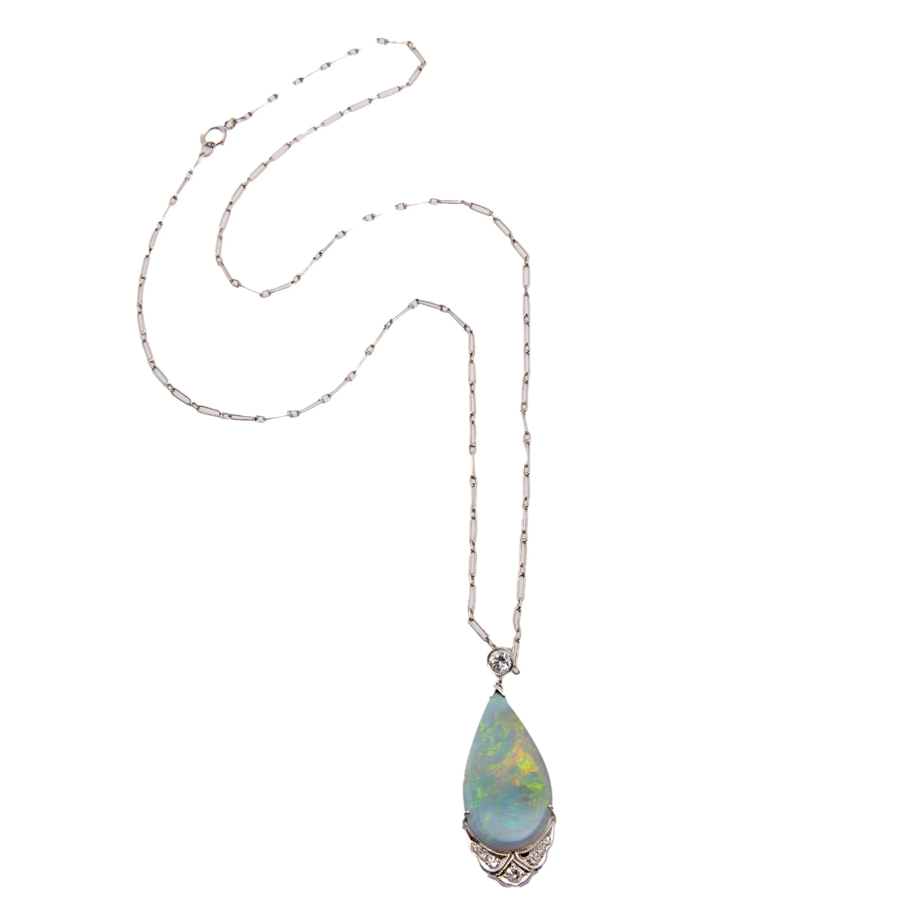 Art Deco 18k Opal and Diamond Teardrop Pendant Necklace