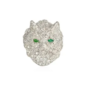 Art Deco Platinum Diamond & Emerald Cat Brooch