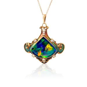 Art Nouveau Platinum & 18KT Yellow Gold Opal, Enamel & Diamond Pendant