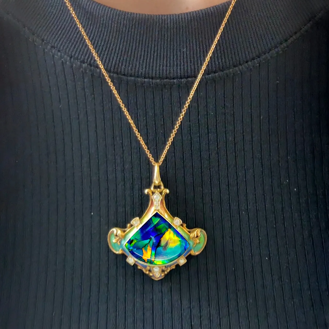 Art Nouveau Platinum & 18KT Yellow Gold Opal, Enamel & Diamond Pendant