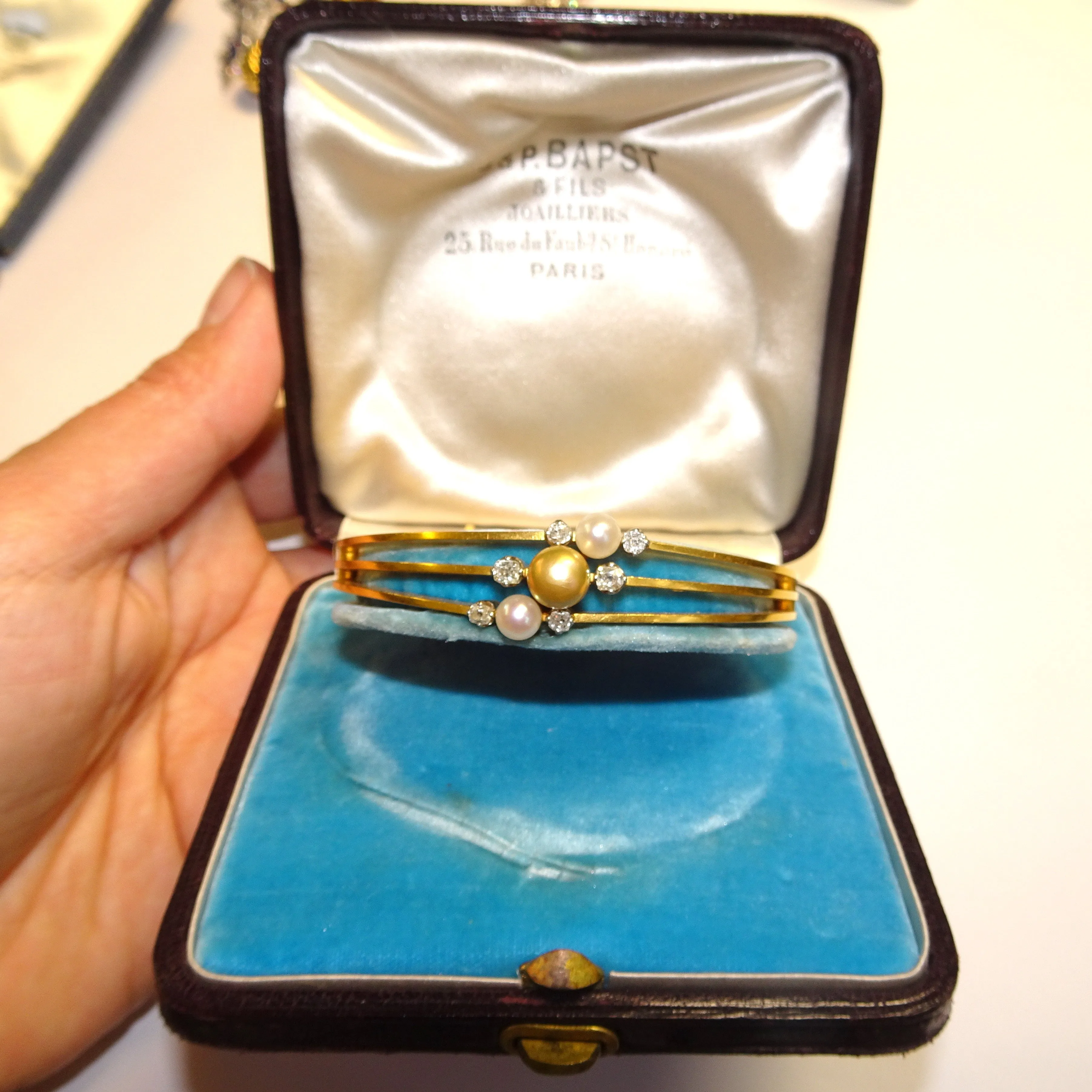 Bapst & Falize Paris Antique 18KT Yellow Gold Natural Pearl Bangle Bracelet