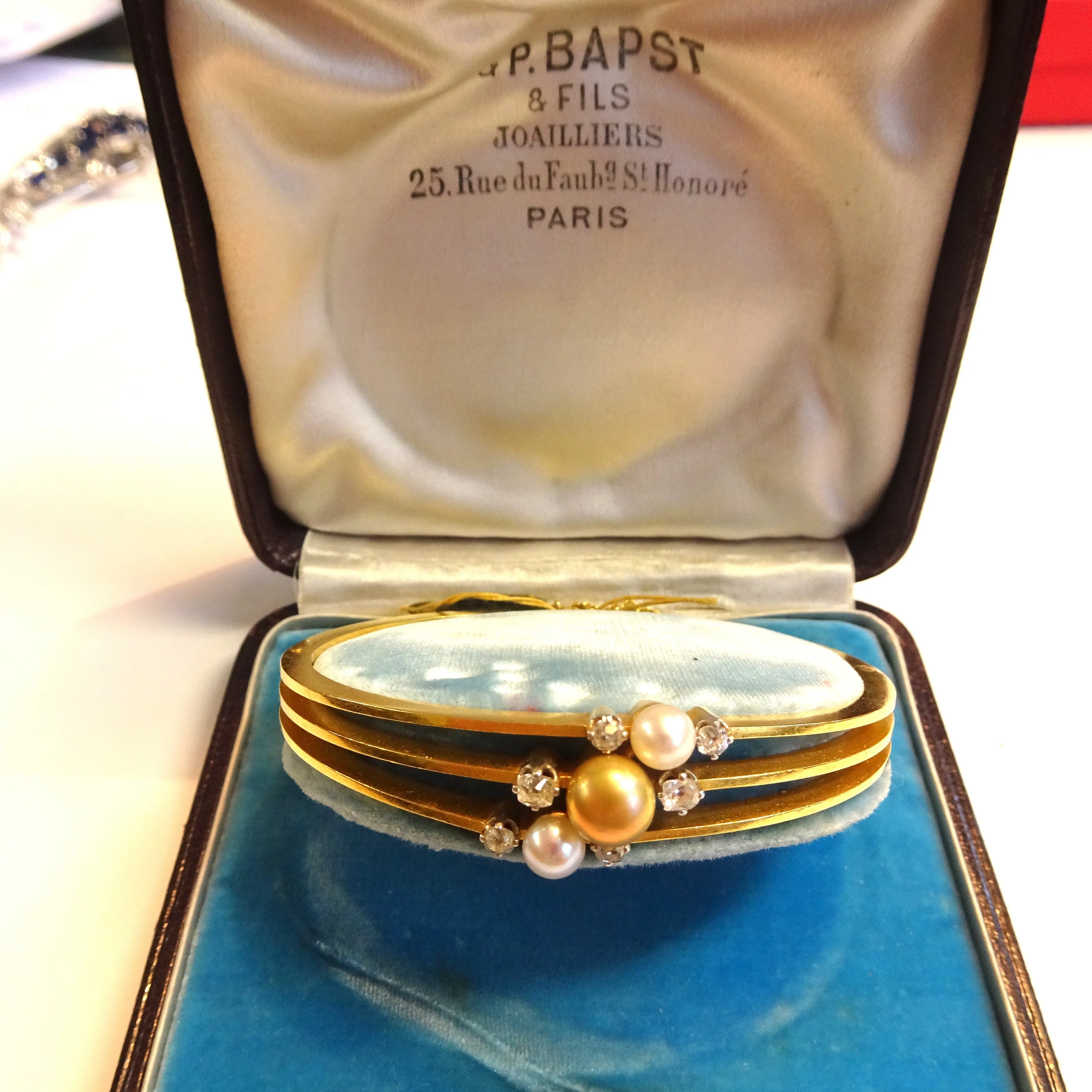 Bapst & Falize Paris Antique 18KT Yellow Gold Natural Pearl Bangle Bracelet