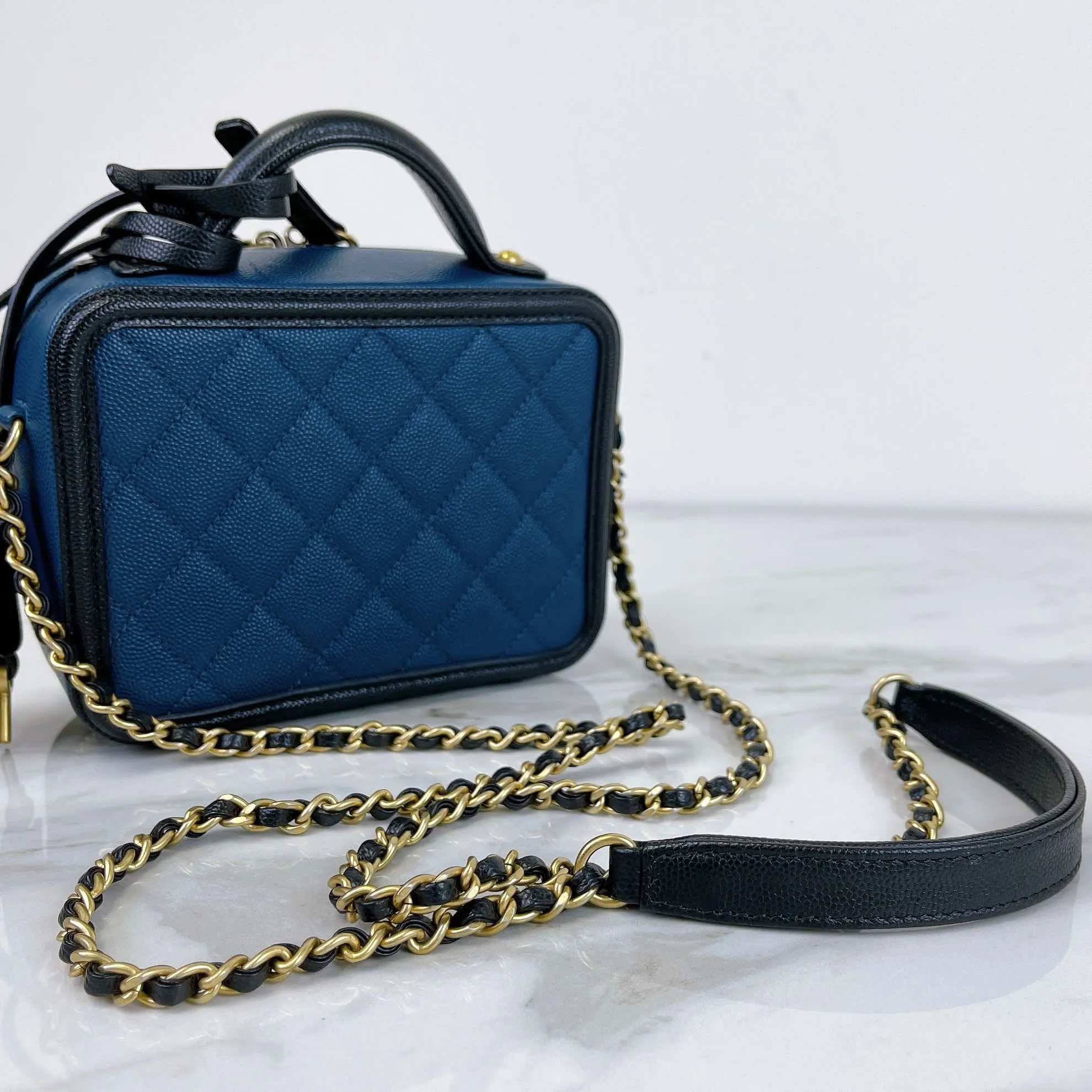 Chanel Filigree Vanity Small, Black and Navy Caviar Gold-tone Hardware