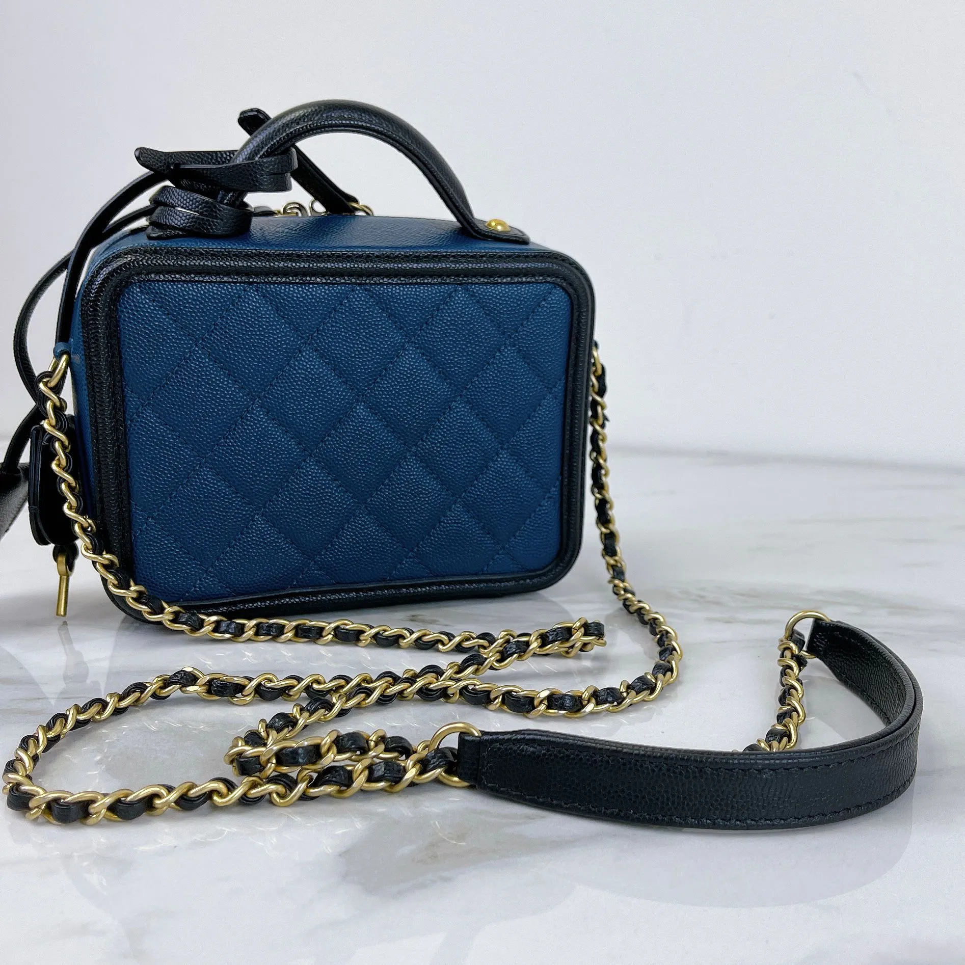 Chanel Filigree Vanity Small, Black and Navy Caviar Gold-tone Hardware
