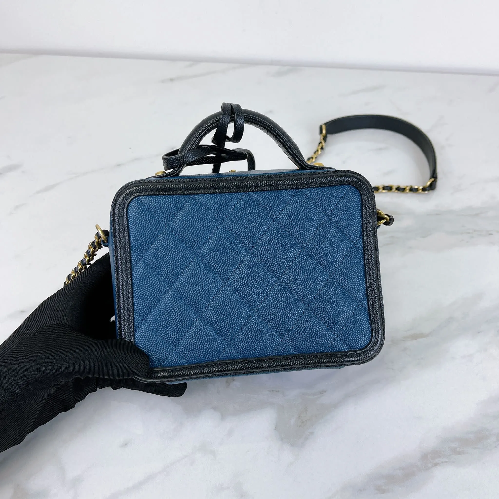 Chanel Filigree Vanity Small, Black and Navy Caviar Gold-tone Hardware