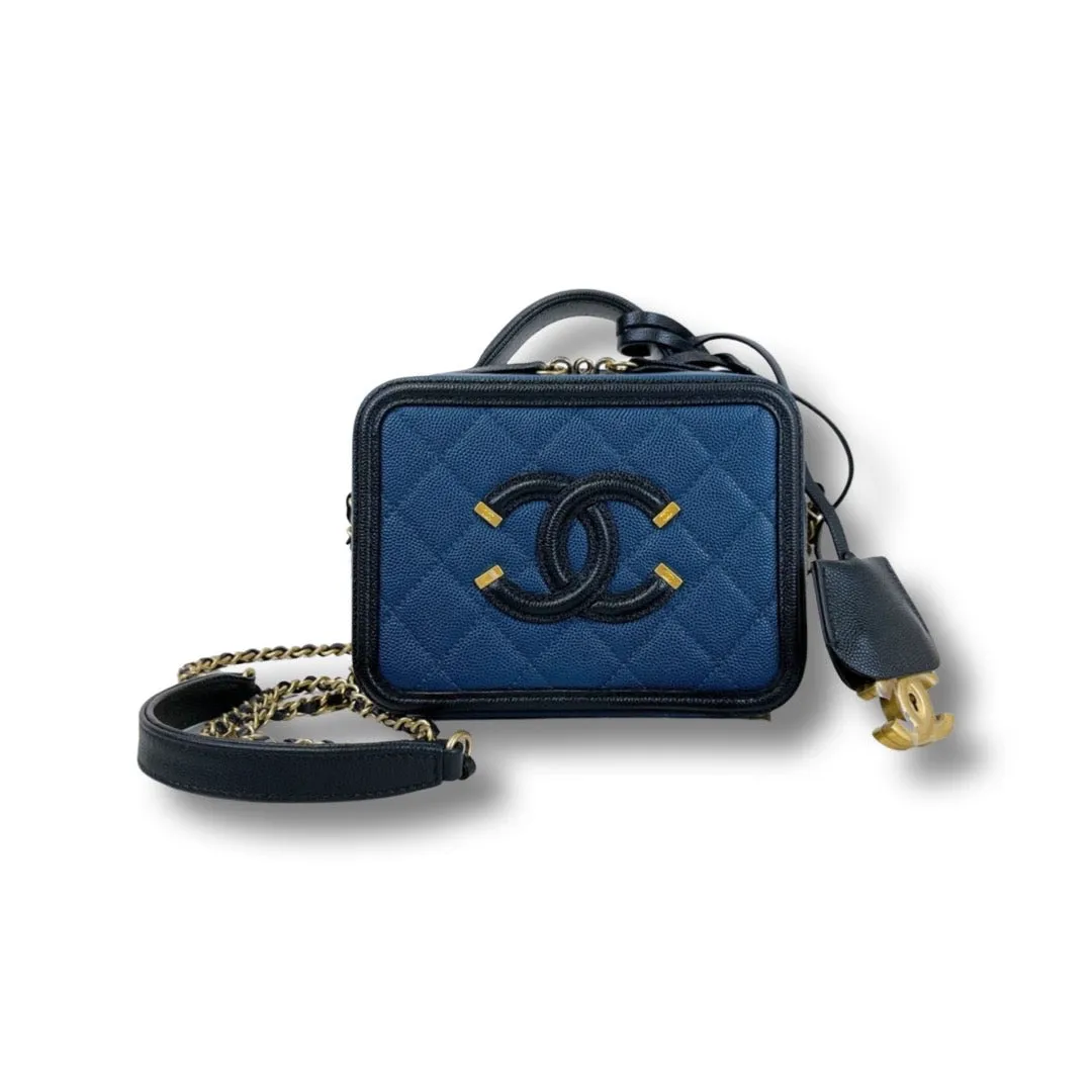 Chanel Filigree Vanity Small, Black and Navy Caviar Gold-tone Hardware