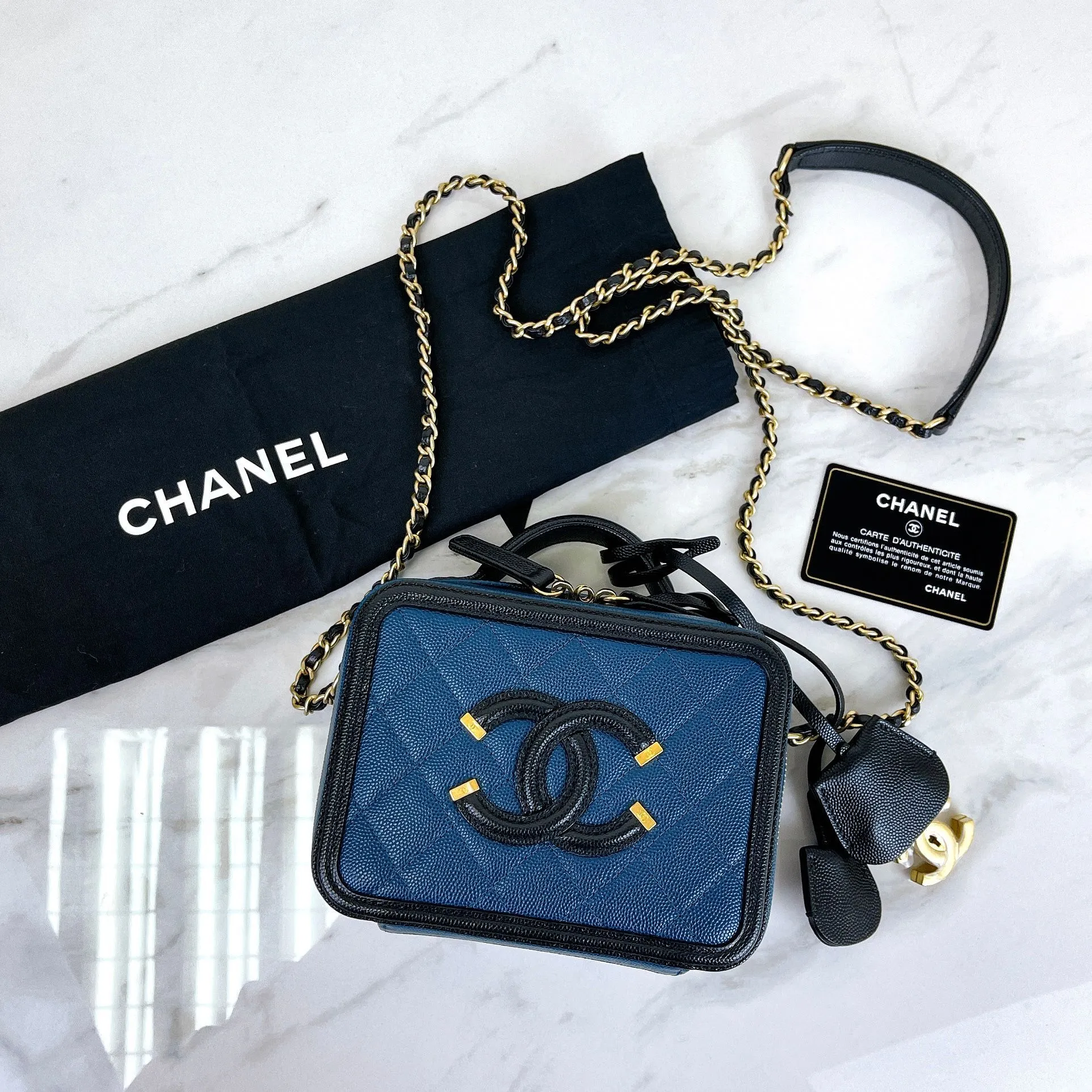 Chanel Filigree Vanity Small, Black and Navy Caviar Gold-tone Hardware