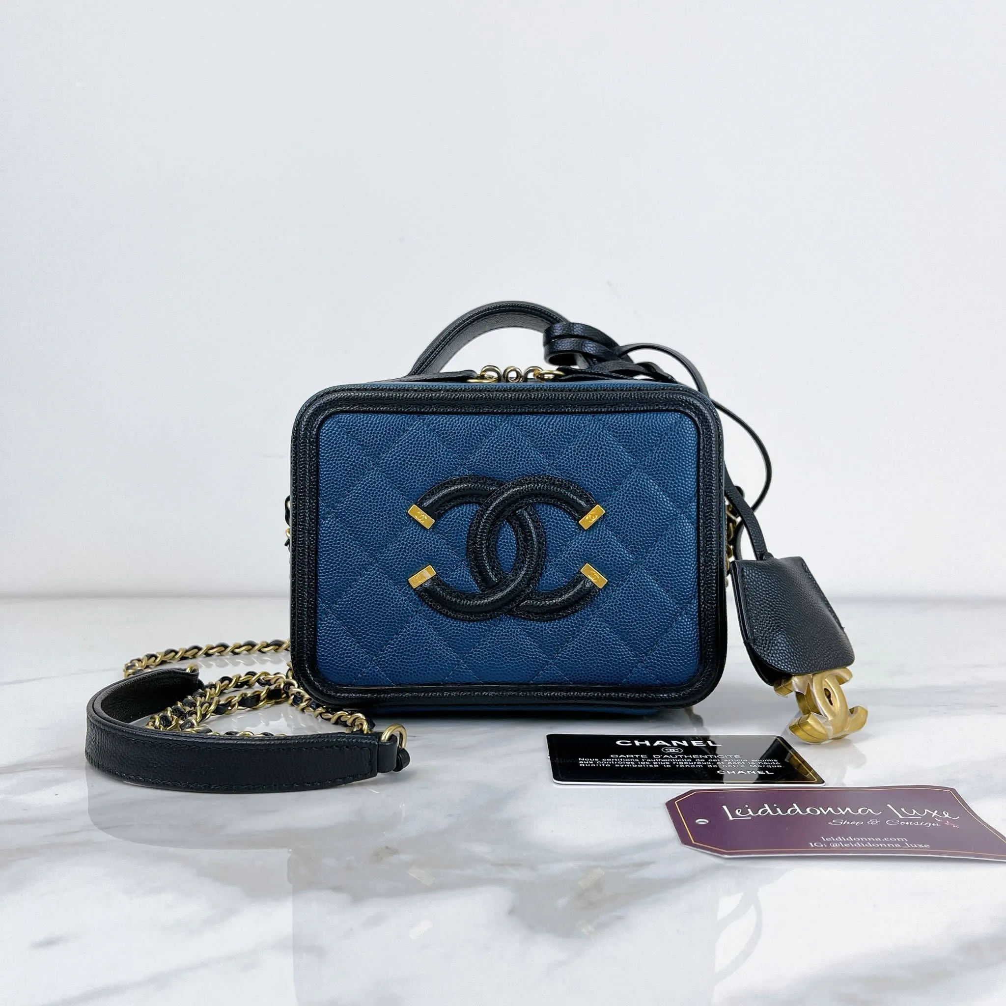 Chanel Filigree Vanity Small, Black and Navy Caviar Gold-tone Hardware