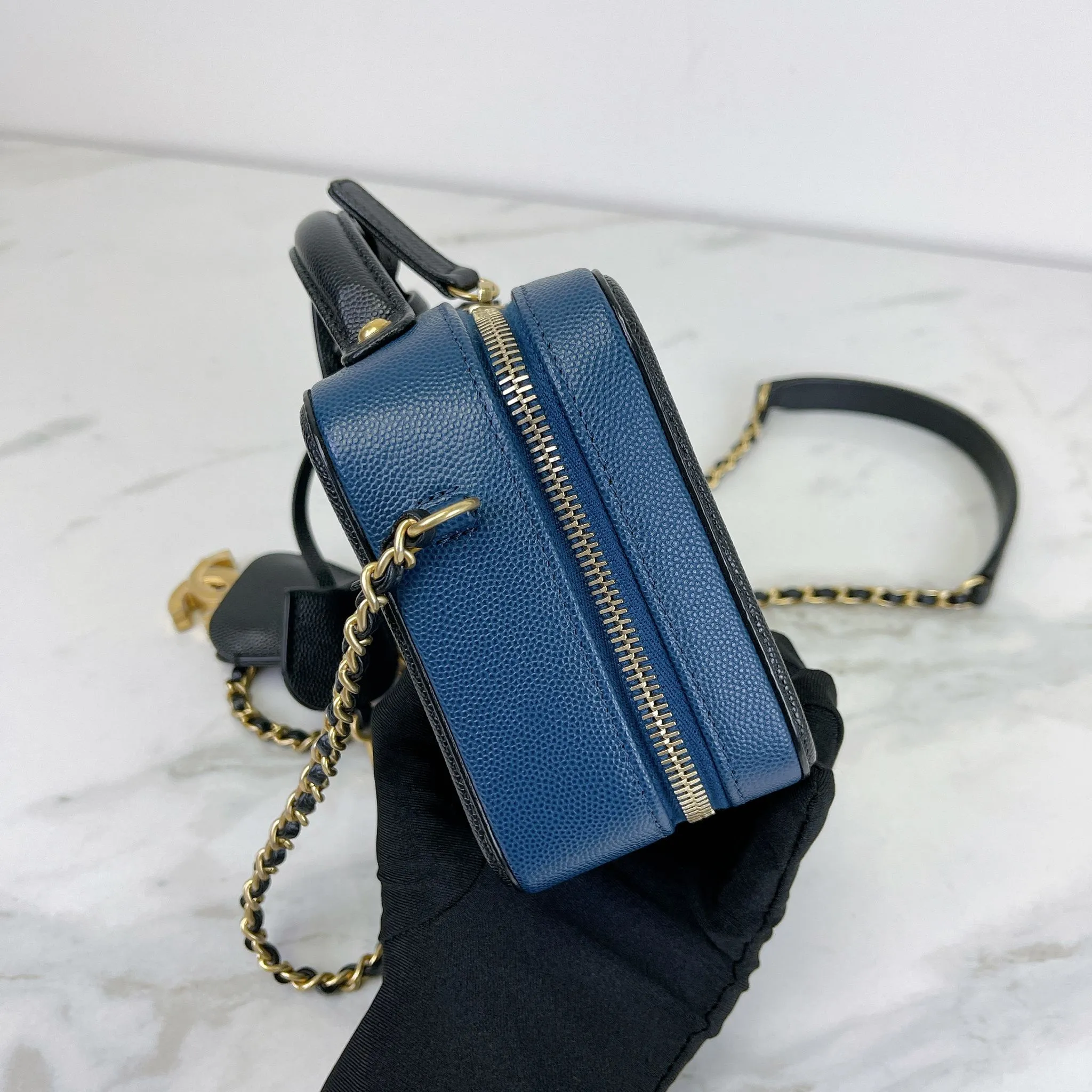 Chanel Filigree Vanity Small, Black and Navy Caviar Gold-tone Hardware