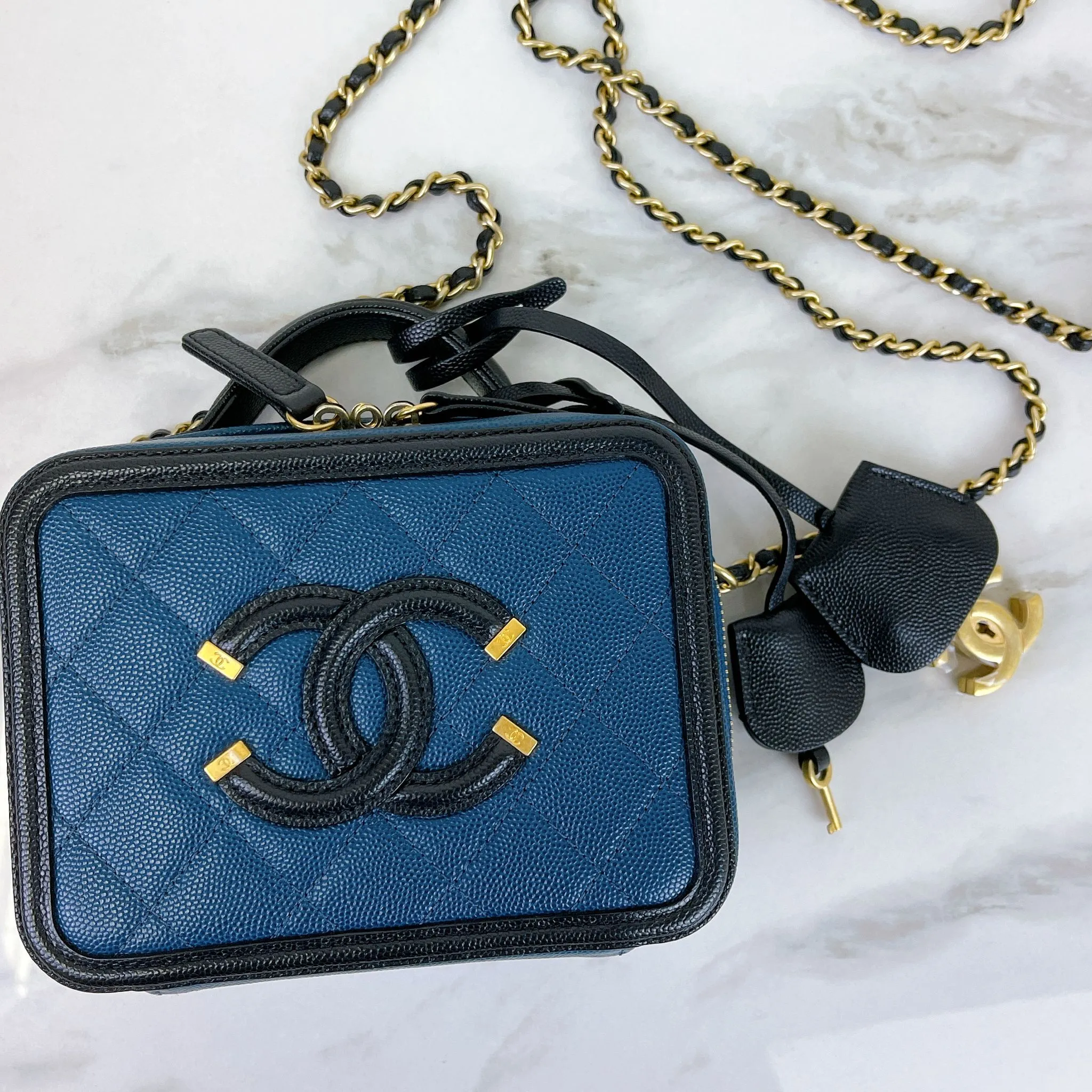 Chanel Filigree Vanity Small, Black and Navy Caviar Gold-tone Hardware