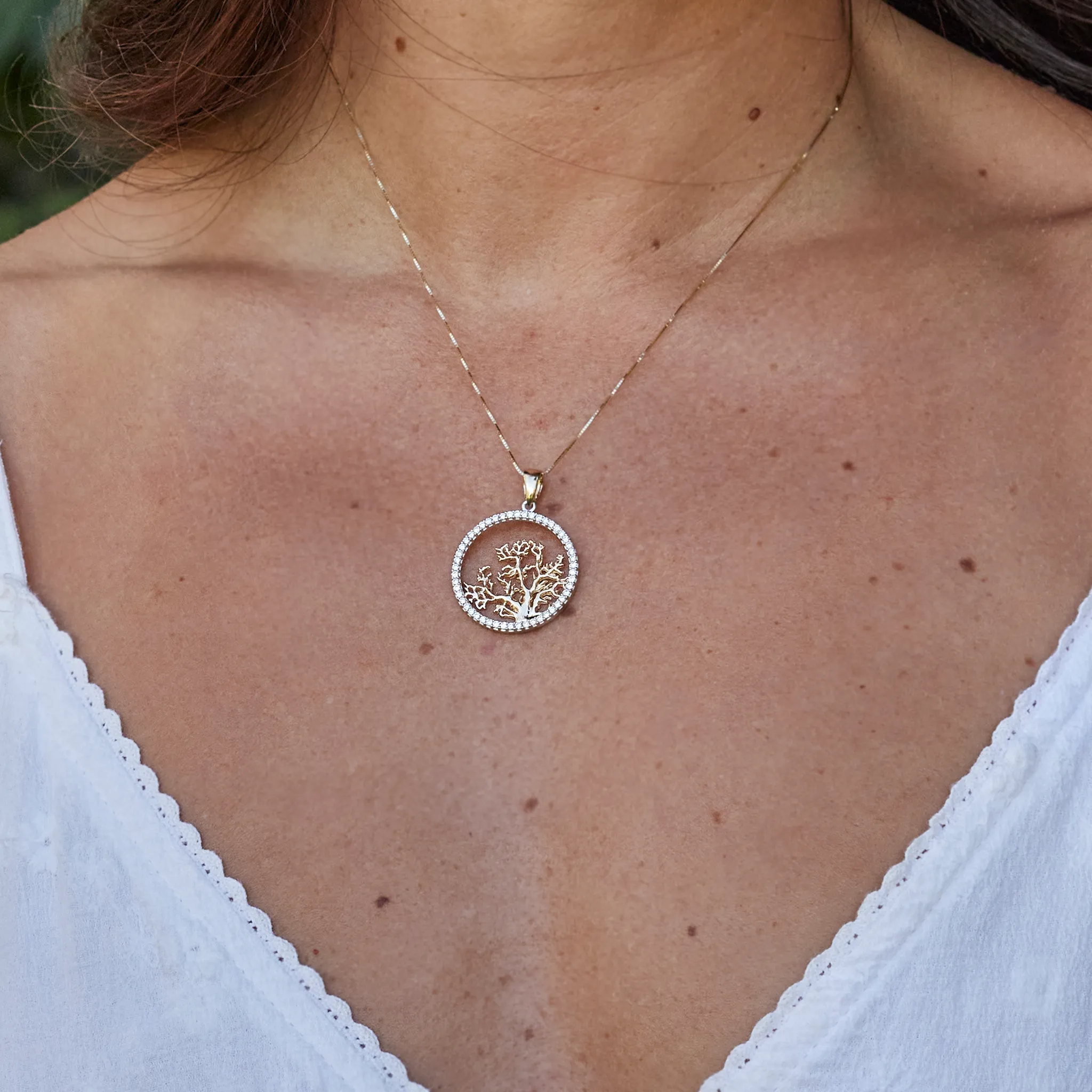 Coral Tree Pendant with Diamonds in Two Tone Gold - 24mm