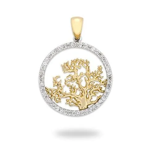 Coral Tree Pendant with Diamonds in Two Tone Gold - 24mm