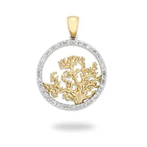 Coral Tree Pendant with Diamonds in Two Tone Gold - 24mm