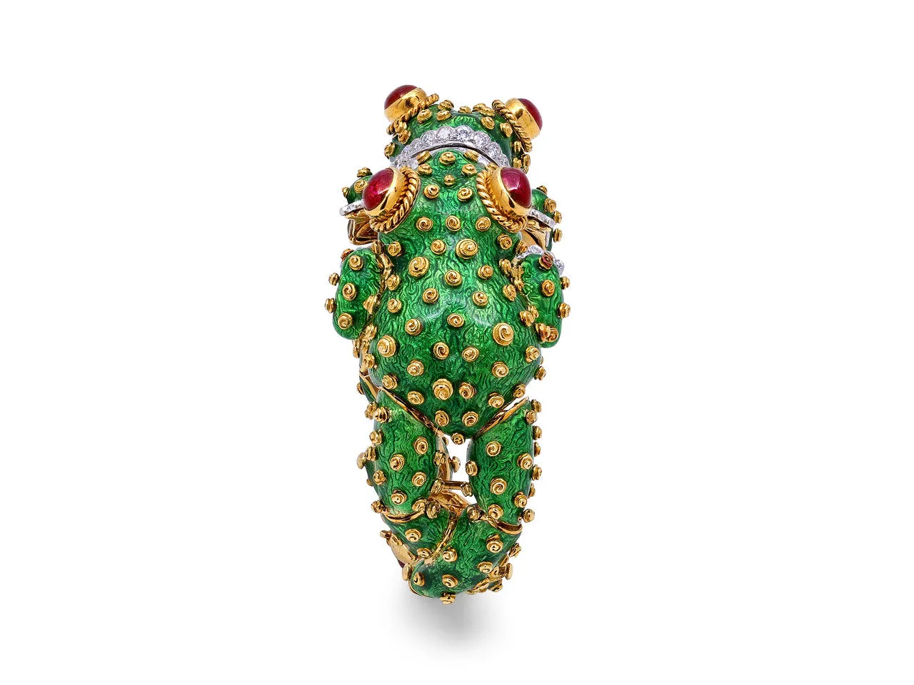 David Webb Ruby, Diamond and Enamel Frog Bracelet in 18K Gold and Platinum