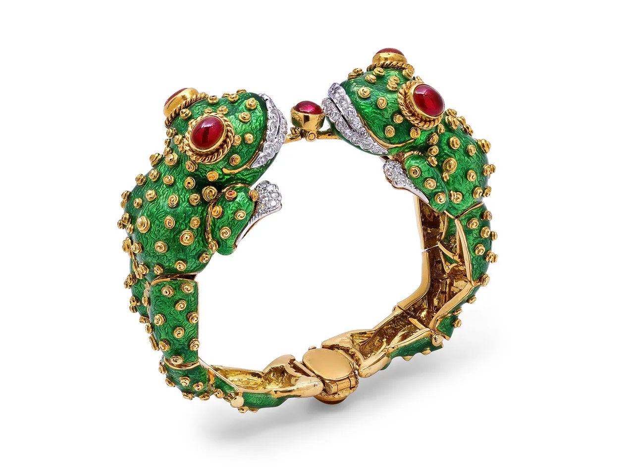 David Webb Ruby, Diamond and Enamel Frog Bracelet in 18K Gold and Platinum