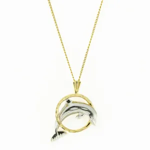 Detailed Diamond Cut Dolphin Jumping w/ Hoop Pendant Charm in 14K Two Tone Gold