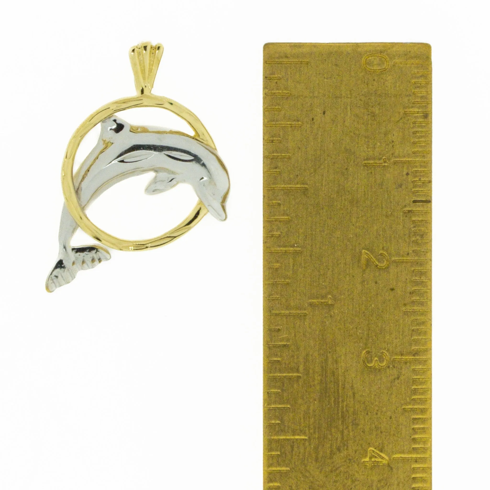 Detailed Diamond Cut Dolphin Jumping w/ Hoop Pendant Charm in 14K Two Tone Gold