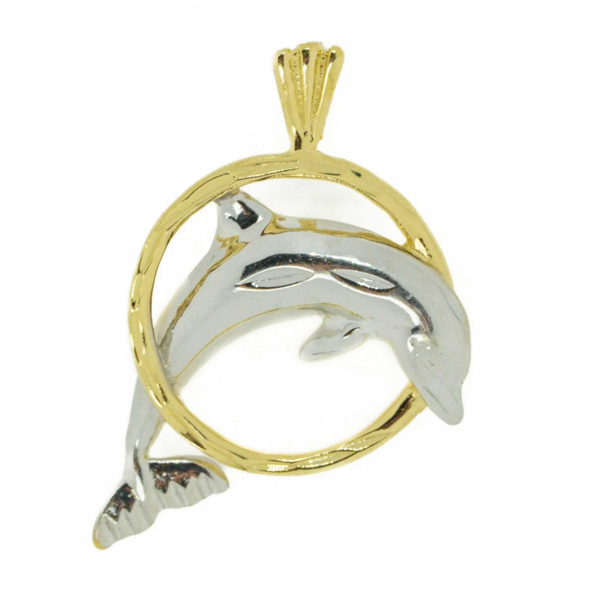 Detailed Diamond Cut Dolphin Jumping w/ Hoop Pendant Charm in 14K Two Tone Gold
