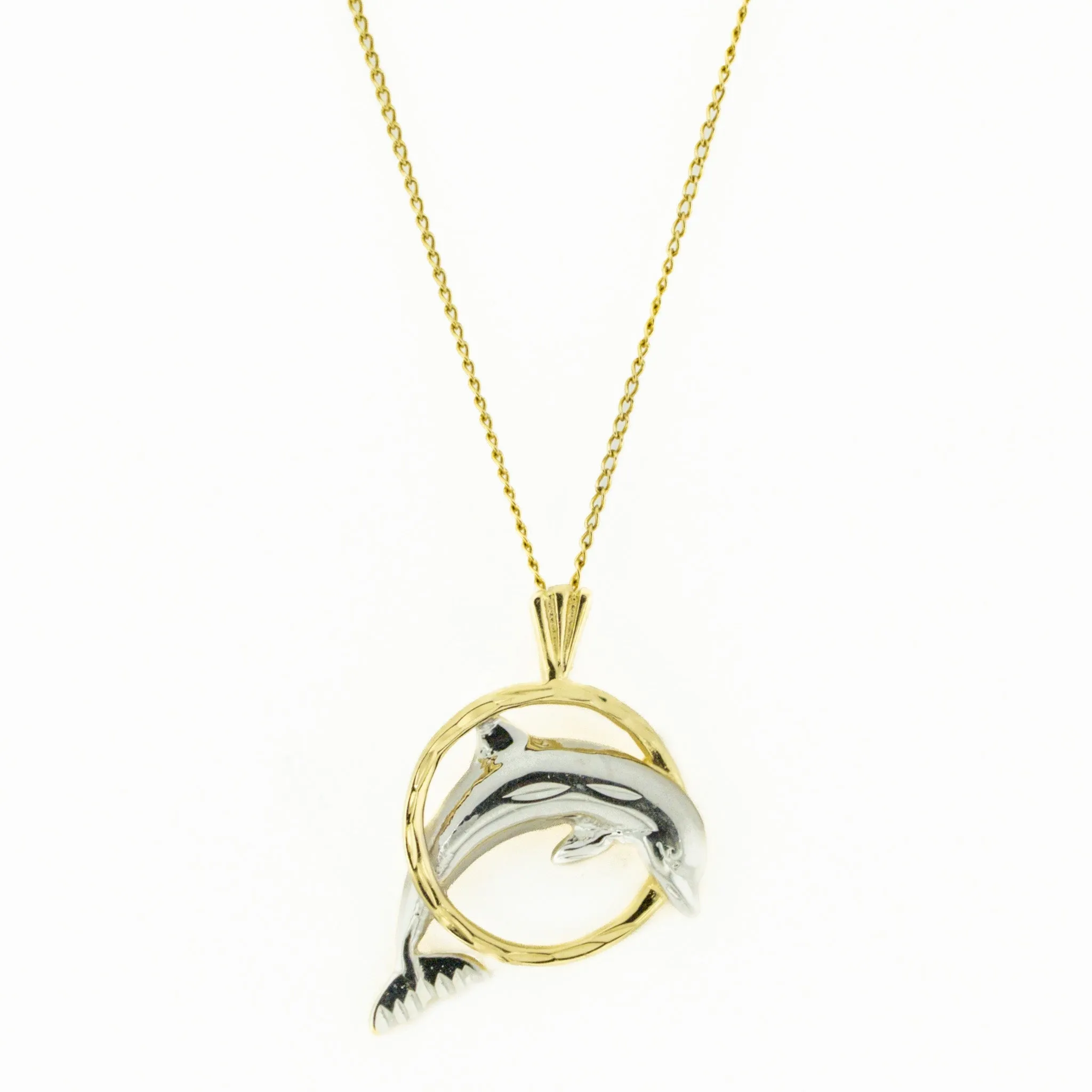 Detailed Diamond Cut Dolphin Jumping w/ Hoop Pendant Charm in 14K Two Tone Gold