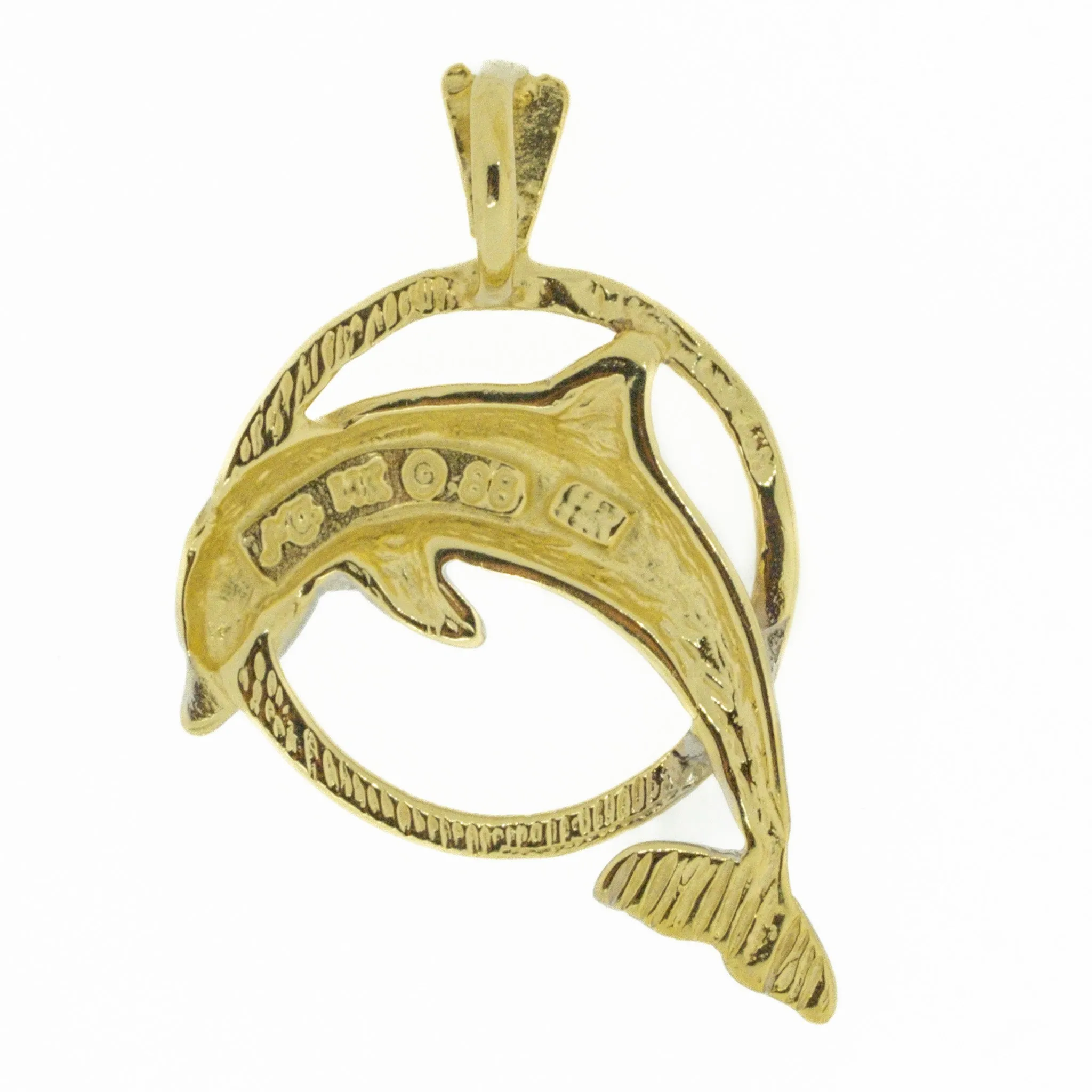 Detailed Diamond Cut Dolphin Jumping w/ Hoop Pendant Charm in 14K Two Tone Gold