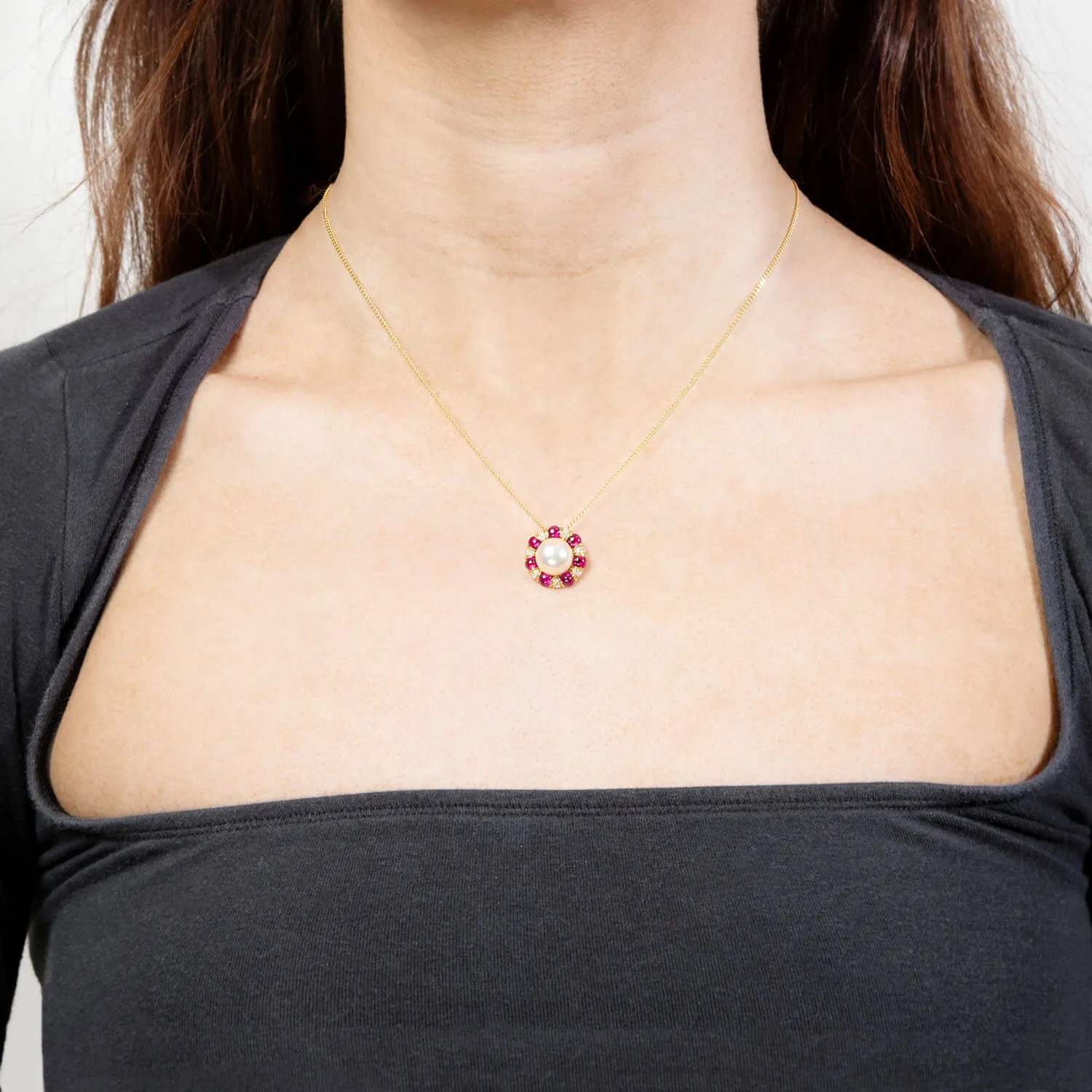 Estate 18k Pearl, Ruby, and Diamond Pendant Necklace