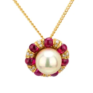 Estate 18k Pearl, Ruby, and Diamond Pendant Necklace