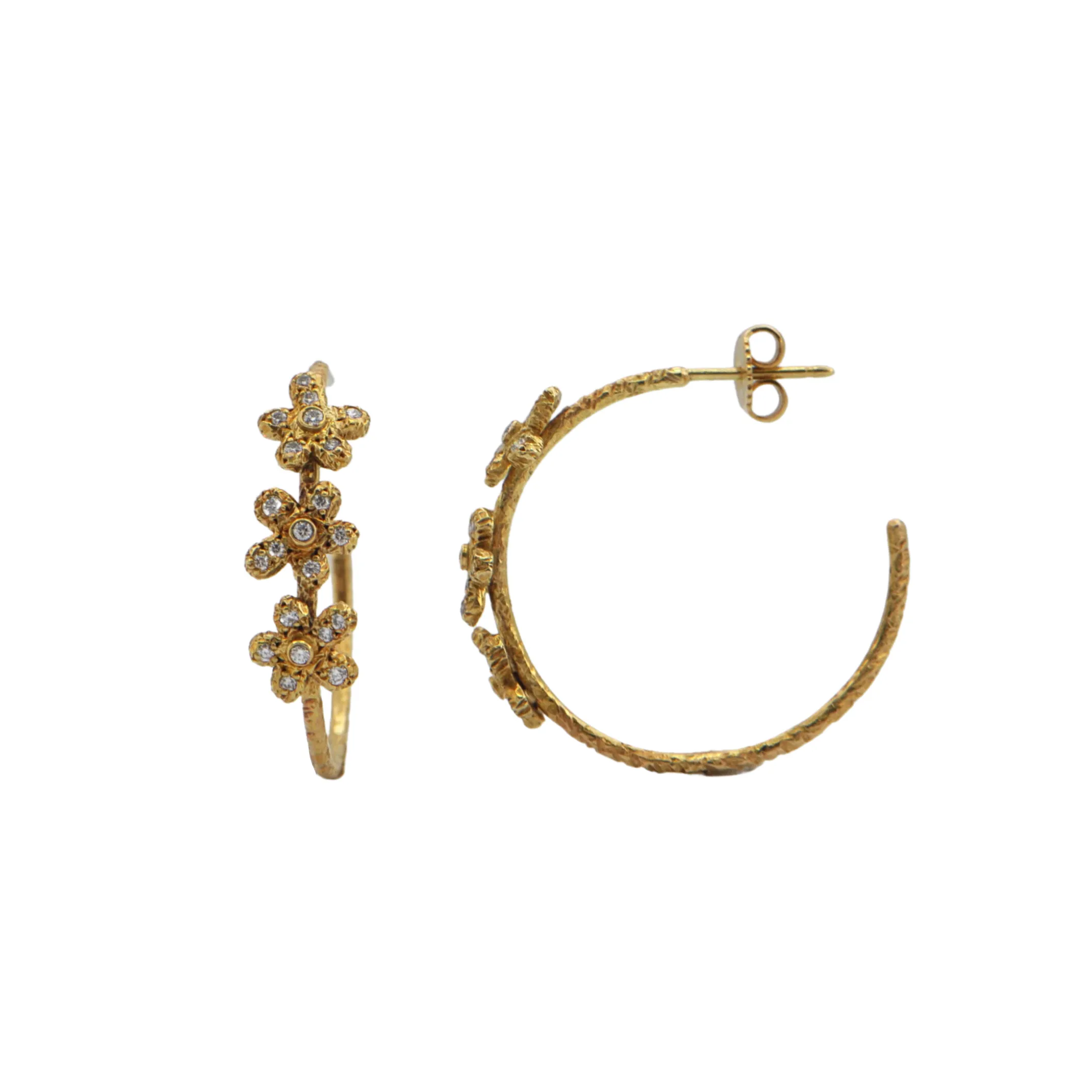 Estate Gucci Diamond 18k Gold Flower Round Hoops
