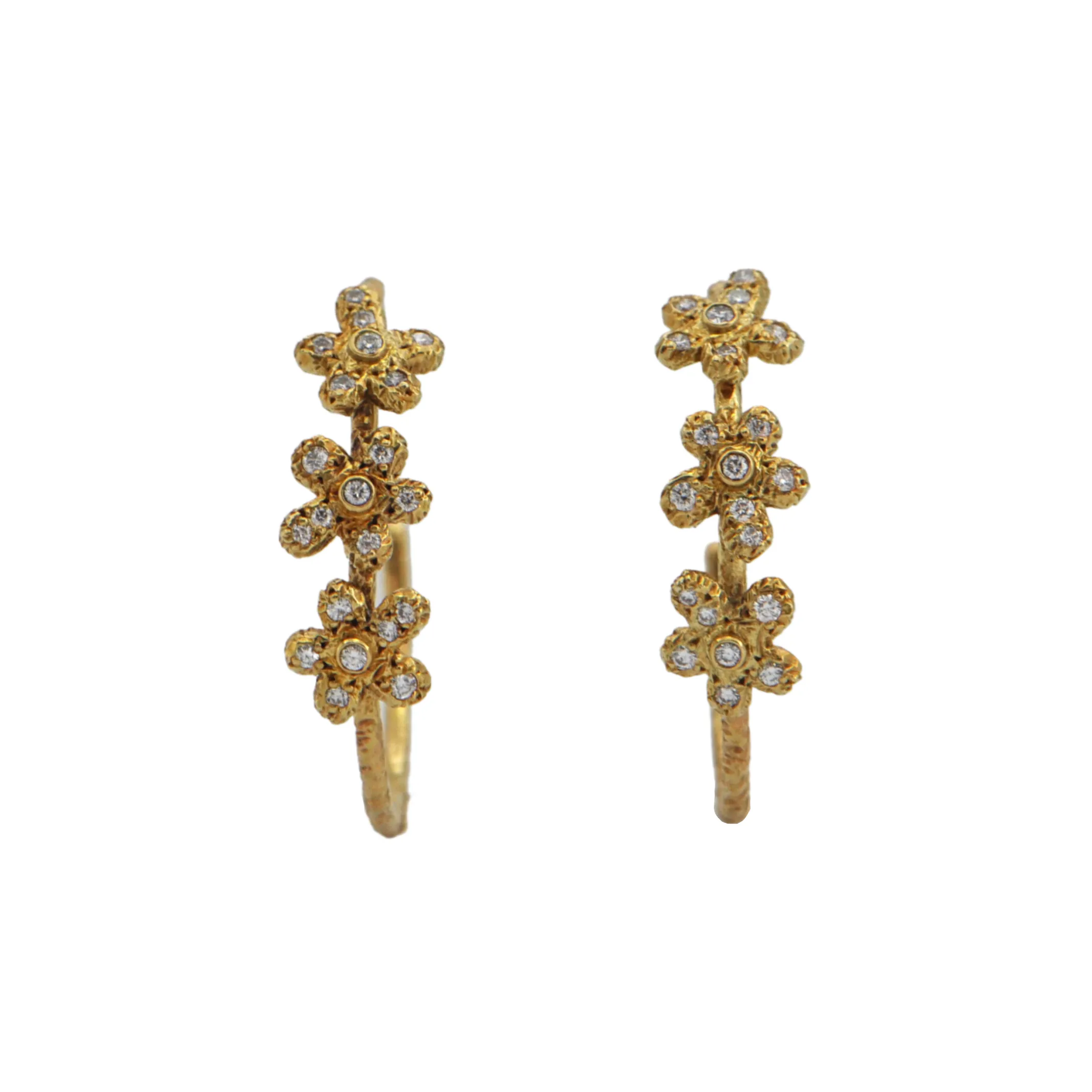 Estate Gucci Diamond 18k Gold Flower Round Hoops