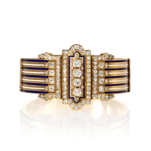 French Victorian 18KT Yellow Gold Diamond & Enamel Jarretire Bangle Bracelet