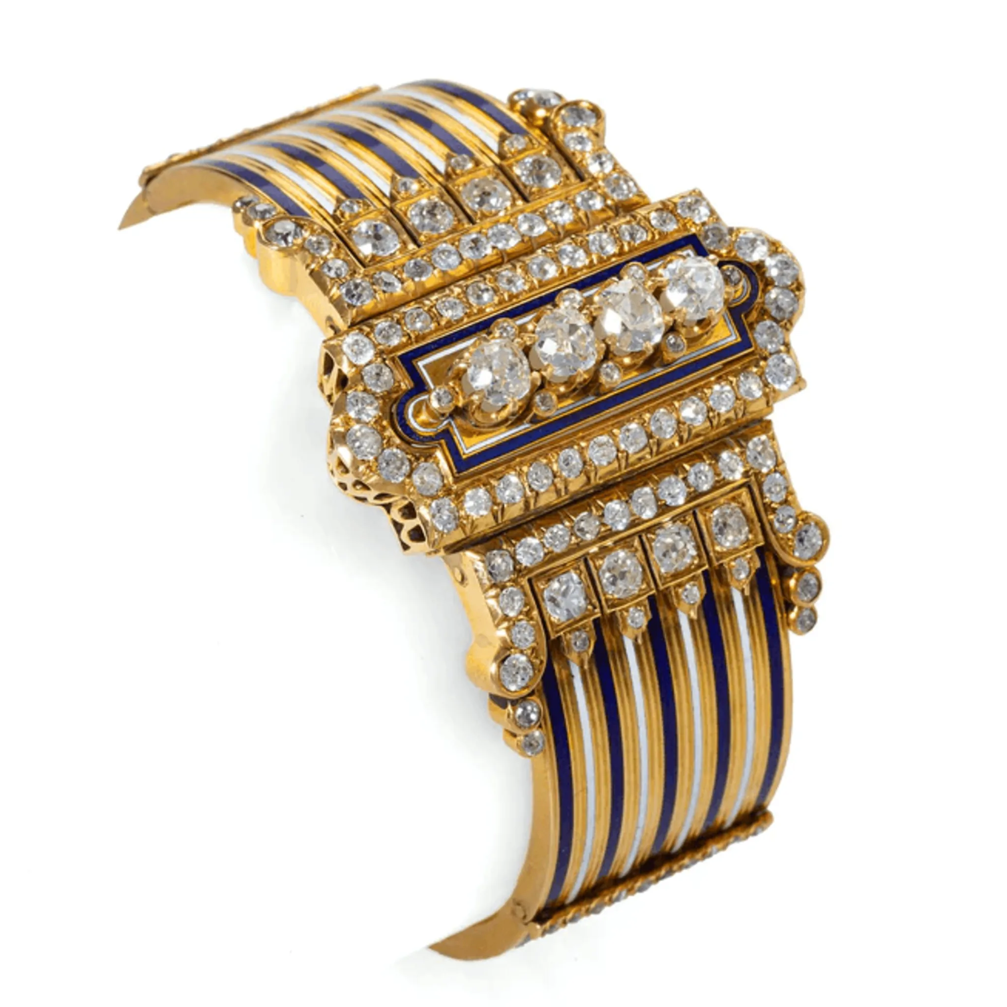 French Victorian 18KT Yellow Gold Diamond & Enamel Jarretire Bangle Bracelet