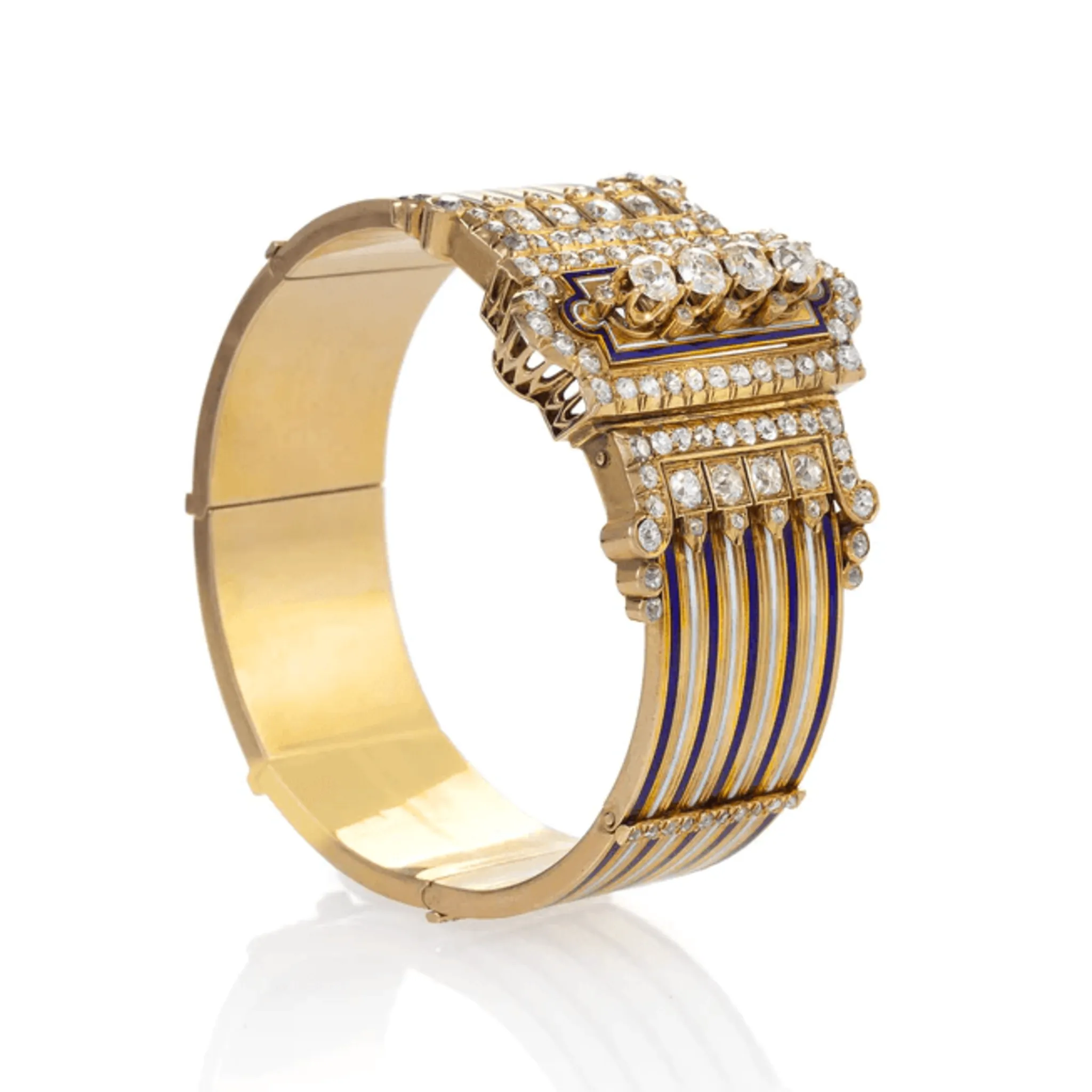 French Victorian 18KT Yellow Gold Diamond & Enamel Jarretire Bangle Bracelet