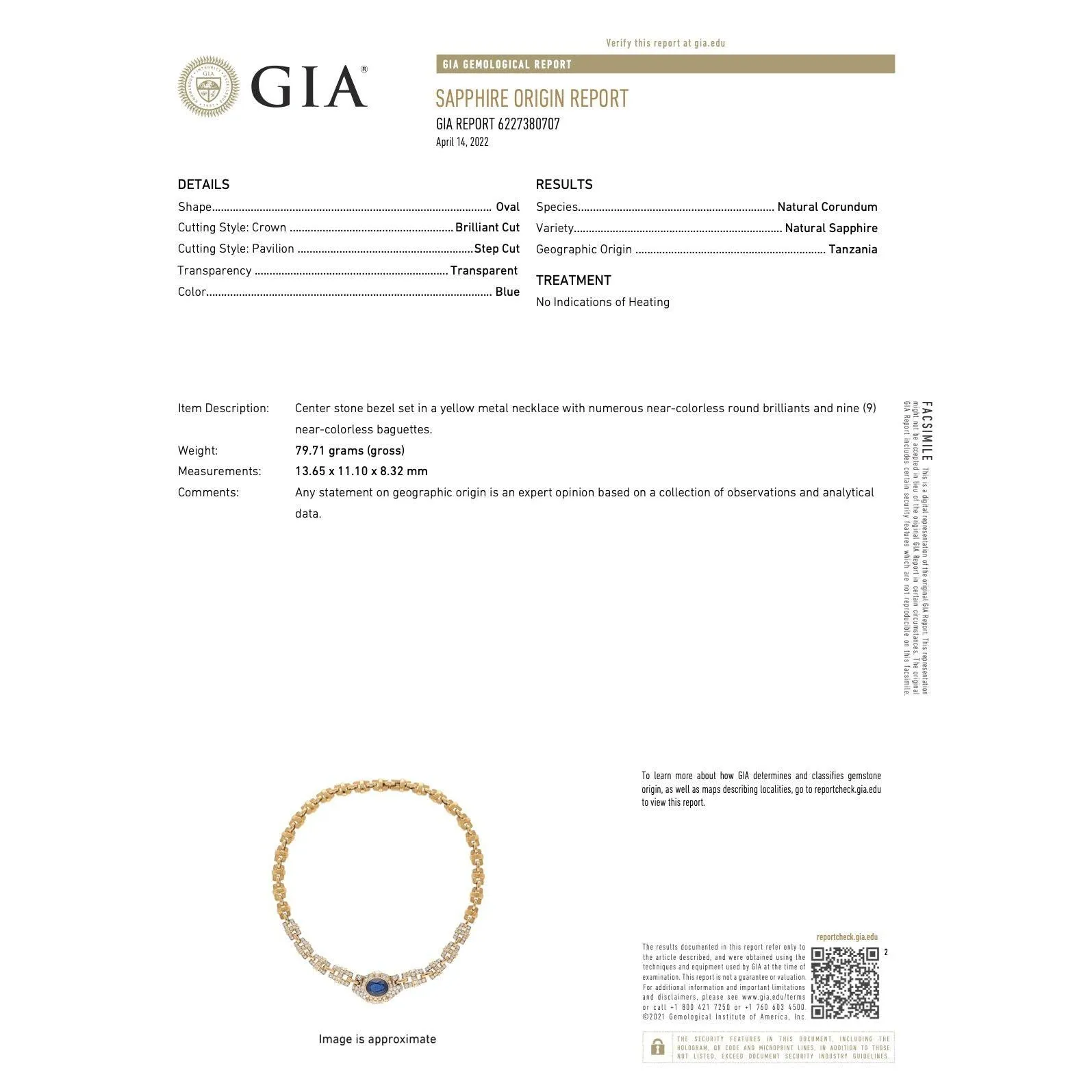 GIA Certified No Heat Blue Sapphire 18k Gold Cable Chain Choker Necklace 15.5"
